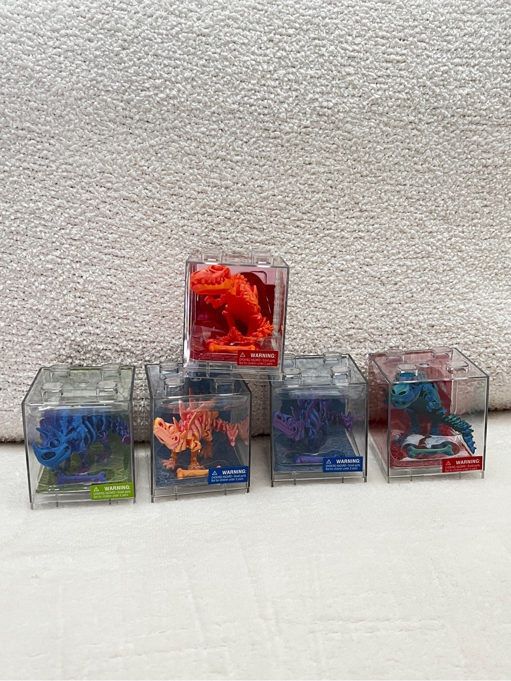 Lot of 5 3-D Printed Dino Toys Miniature In Clear Cube Box Flexible Age 3+ JA-Ru
